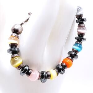 Vintage Sterling Silver 925 Hematite Cat’s Eye Glass Multi-Color Beaded Bracelet